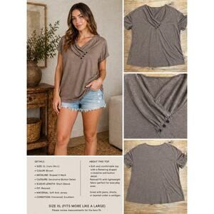 Womens Brown Draped Neck Top XL Short Sleeve Asymmetrical Button Detail Blouse
